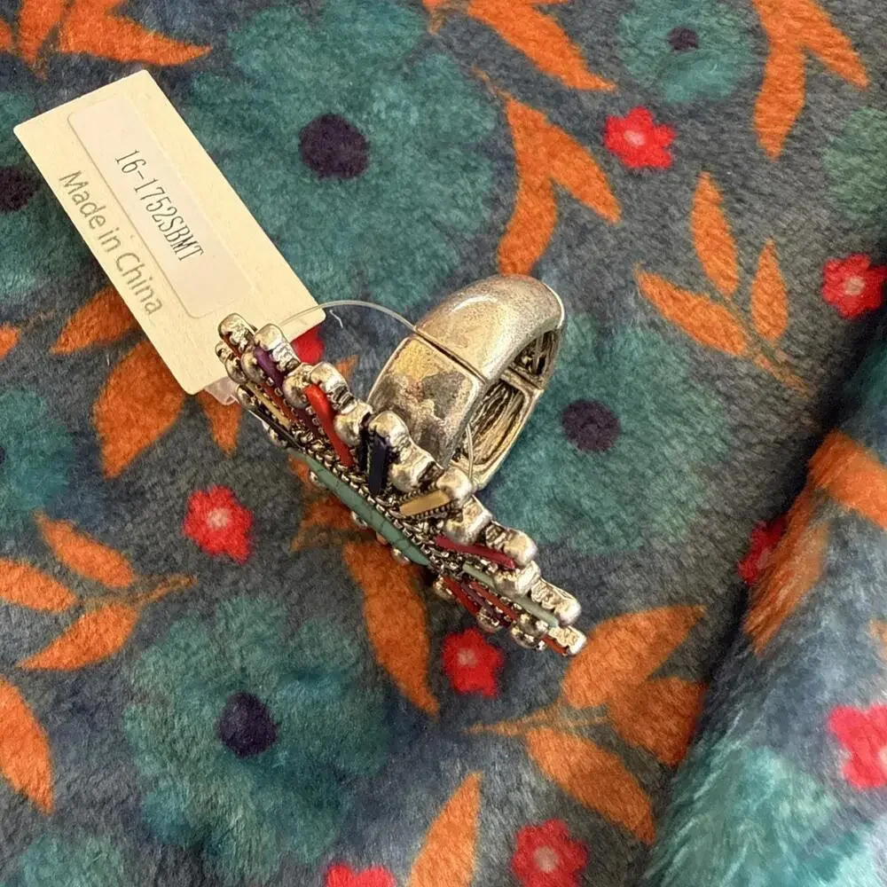 NWT Silver Tone Turquoise Multicolored Starburst Western Cowgirl Stretch Ring